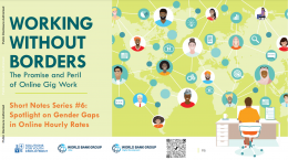 Green cover image of a report witht people working remote and the text: Working Without Borders: Spotlight on Gender Gaps in Online Hourly Rates